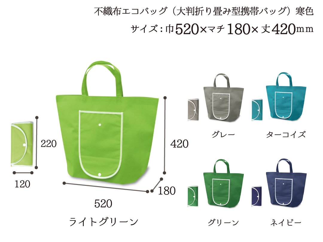 不織布エコバッグ（大判折り畳み型携帯バッグ）　寒色