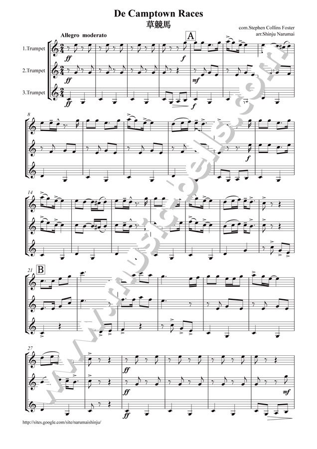 フォスター　「草競馬」（ジャズ風オブリガート付）　トランペット三重奏（成舞新樹編） - 楽譜出版社 《ミュージック・ベルズ》 Music Bells  Publishing
