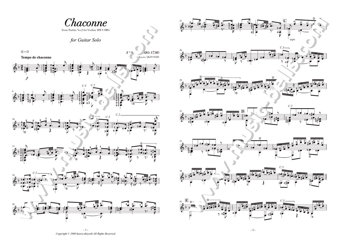 「シャコンヌ」～ヴァイオリンのためのパルティータ第2番BWV1004より ギターソロ（穐吉 馨編） 楽譜出版社  《ミュージック・ベルズ》 Music Bells Publishing