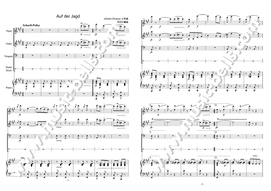 J.シュトラウス２世 「狩のポルカ（Auf der Jagd）」 ピアノ三重奏：フルート、ヴァイオリン、ピアノと打楽器（MOOI編） 楽譜出版社  《ミュージック・ベルズ》 Music Bells Publishing