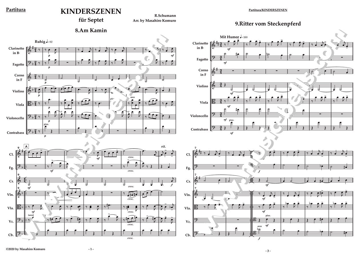 シューマン 《子供の情景》より第８曲～第１３曲 ベートーヴェンの七重奏：Cl, Fg, Hr, Vn, Va, Vc, Cb（小室昌広編） -  楽譜出版社 《ミュージック・ベルズ》 Music Bells Publishing