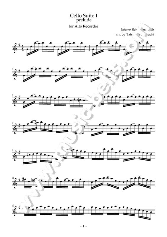 無伴奏チェロ組曲第１番　BWV.1007　Bells　楽譜出版社　アルトリコーダー独奏版（坪内達郎編）　Music　《ミュージック・ベルズ》　Publishing
