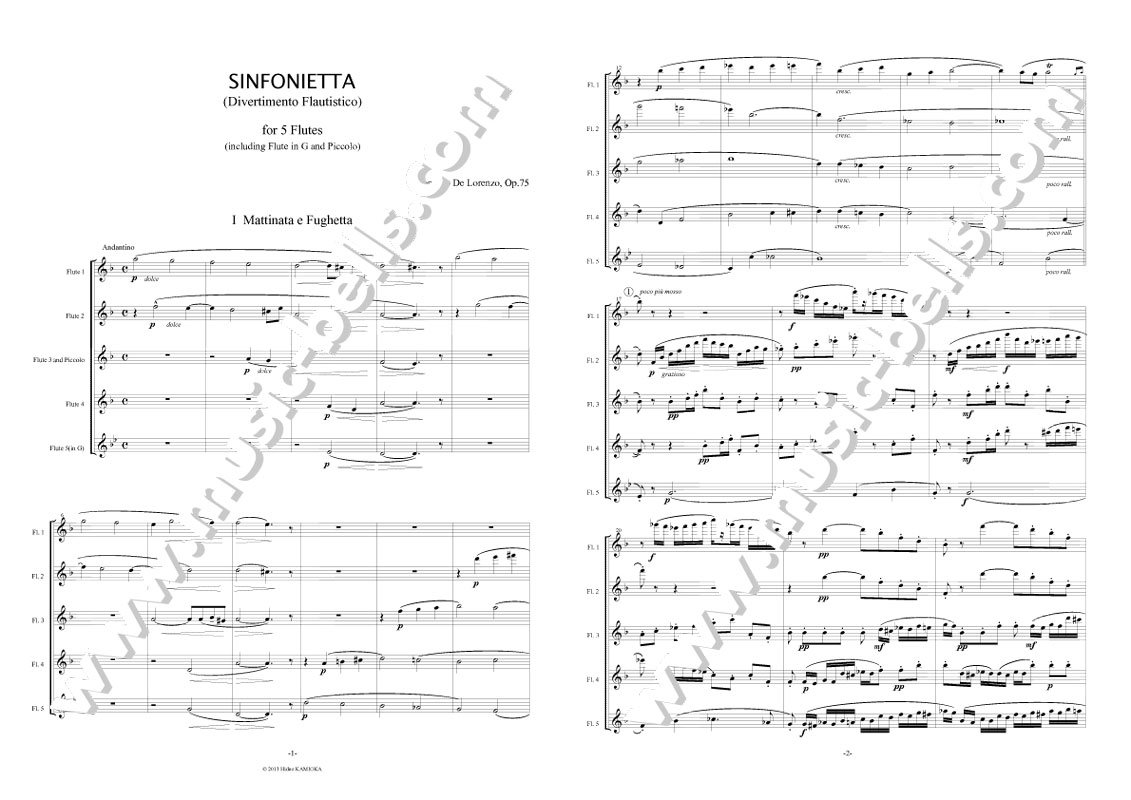 L.ロレンツォ 　Sinfonietta (Divertimento Flautistico)」Op.75　フルート五重奏（神岡英夫編） -  楽譜出版社 《ミュージック・ベルズ》 Music Bells Publishing