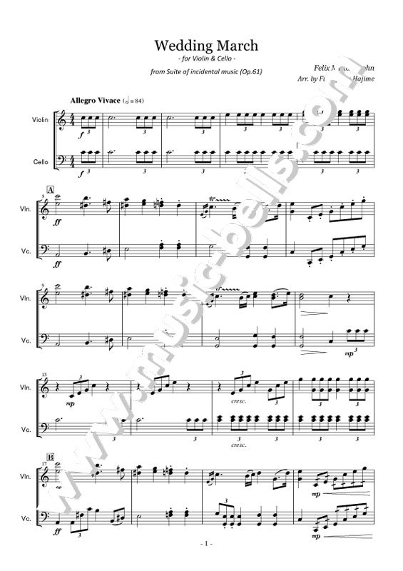 メンデルスゾーン　「結婚行進曲」《真夏の夜の夢》より　ヴァイオリンとチェロの二重奏（深川 甫編） - 楽譜出版社 《ミュージック・ベルズ》 Music  Bells Publishing