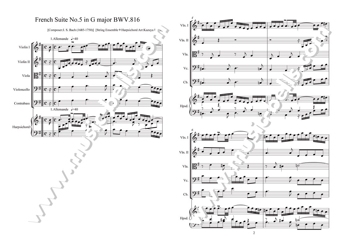 J.S.バッハ　《フランス組曲》第５番 ト長調 BWV.816　弦楽五重奏とハープシコード（岩田一弥編） - 楽譜出版社 《ミュージック・ベルズ》  Music Bells Publishing