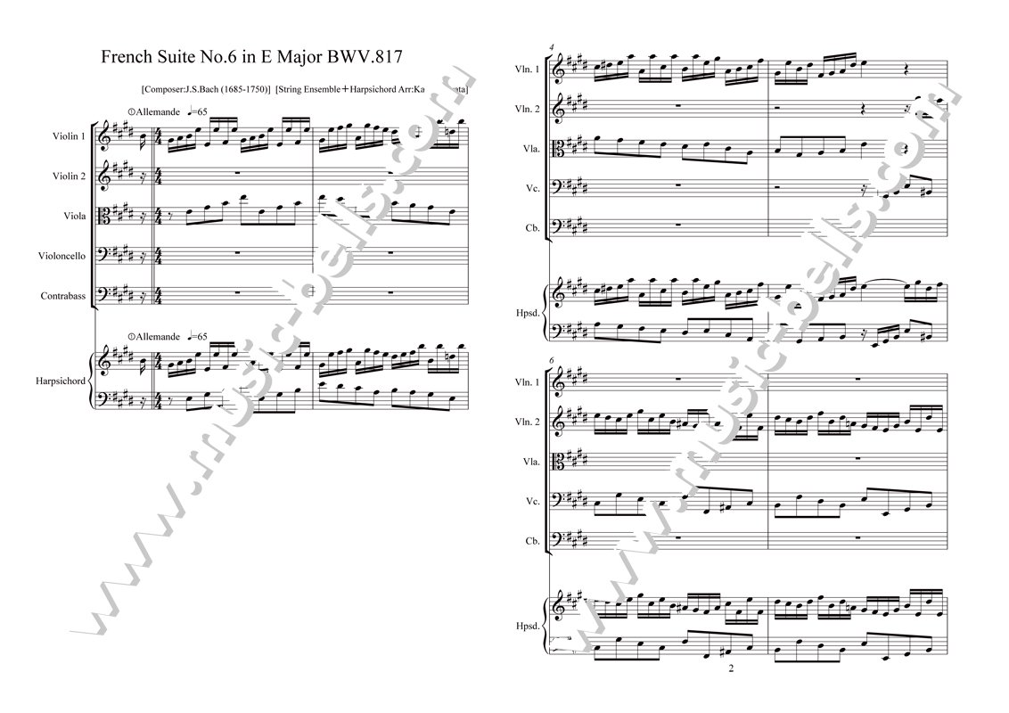 J.S.バッハ　《フランス組曲》第６番 ホ長調 BWV.817　弦楽五重奏とハープシコード（岩田一弥編） - 楽譜出版社 《ミュージック・ベルズ》  Music Bells Publishing