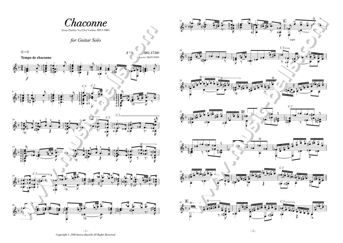 J S バッハ シャコンヌ ヴァイオリンのためのパルティータ第2番bwv1004より ギターソロ 穐吉 馨編 楽譜出版社 ミュージック ベルズ Music Bells Publishing