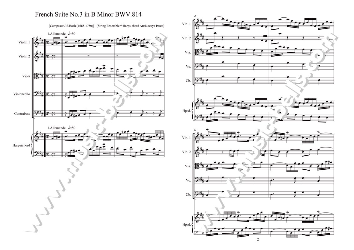 J.S.バッハ　フランス組曲 第３番　ロ短調　BWV.814　弦楽五重奏とハープシコード（岩田一弥編） - 楽譜出版社 《ミュージック・ベルズ》  Music Bells Publishing