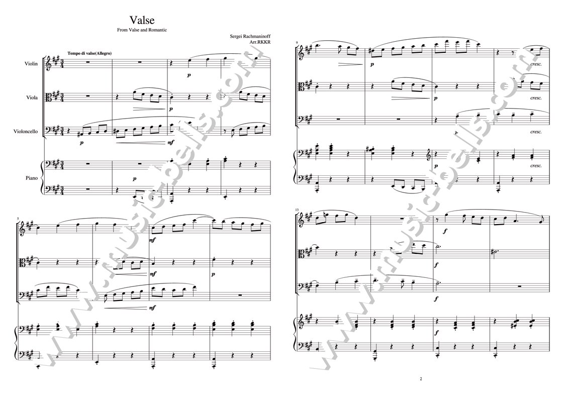 ラフマニノフ　《ワルツとロマンス》より「ワルツ」　ピアノ四重奏：ヴァイオリン、ヴィオラ、チェロとピアノ（RKKR編） - 楽譜出版社  《ミュージック・ベルズ》 Music Bells Publishing