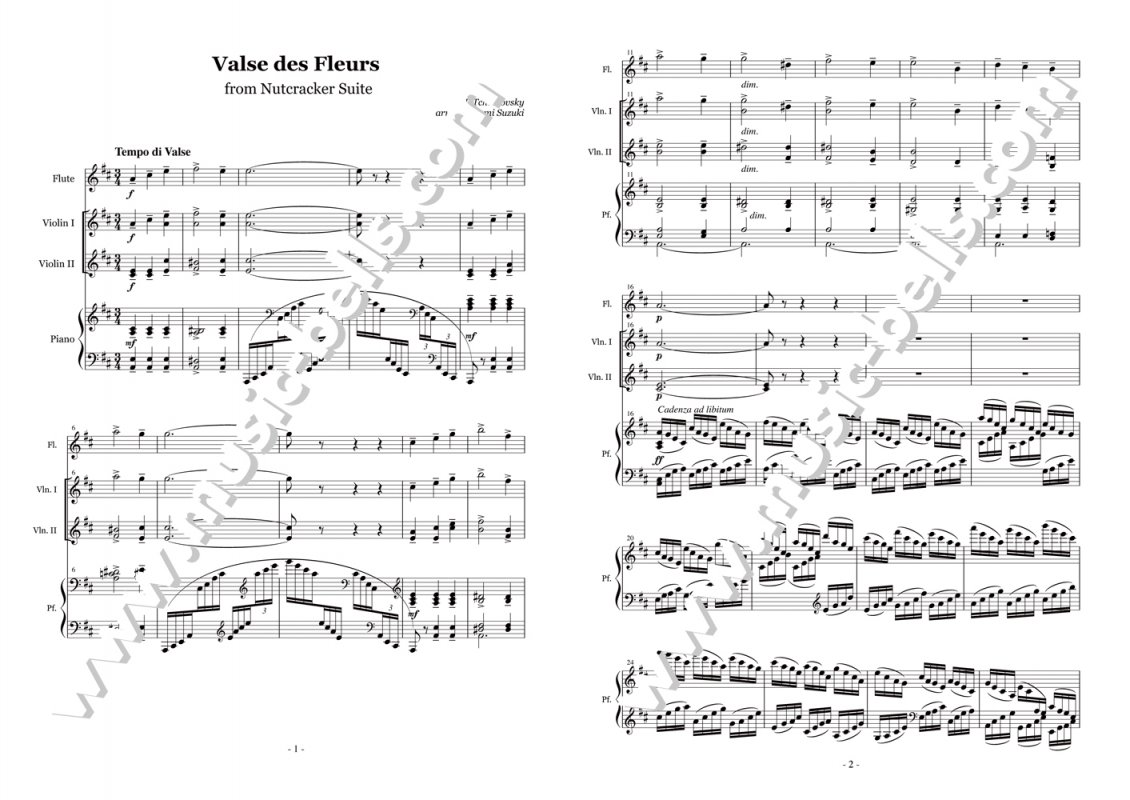 チャイコフスキー バレエ《くるみ割り人形》より「花のワルツ」 ピアノ四重奏：フルート、２台のヴァイオリンとピアノ（鈴木直己編） - 楽譜出版社  《ミュージック・ベルズ》 Music Bells Publishing