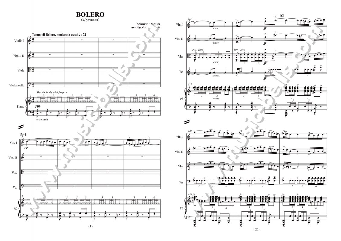 ラヴェル　「ボレロ」　ピアノ五重奏：弦楽四重奏＋ピアノ（鈴木直己編） - 楽譜出版社 《ミュージック・ベルズ》 Music Bells  Publishing