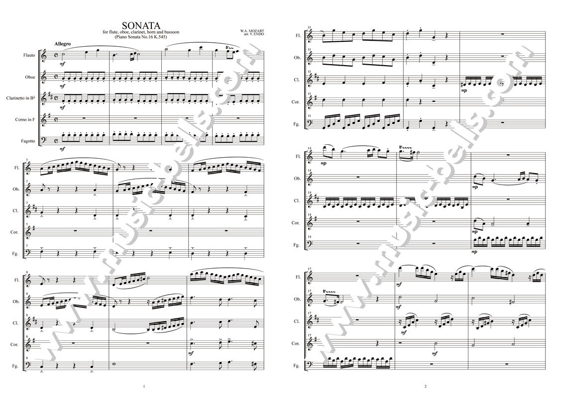W.A.モーツァルト　ピアノソナタ第16番 ハ長調 K.545より第１楽章　木管五重奏（遠藤雄一編） - 楽譜出版社 《ミュージック・ベルズ》  Music Bells Publishing
