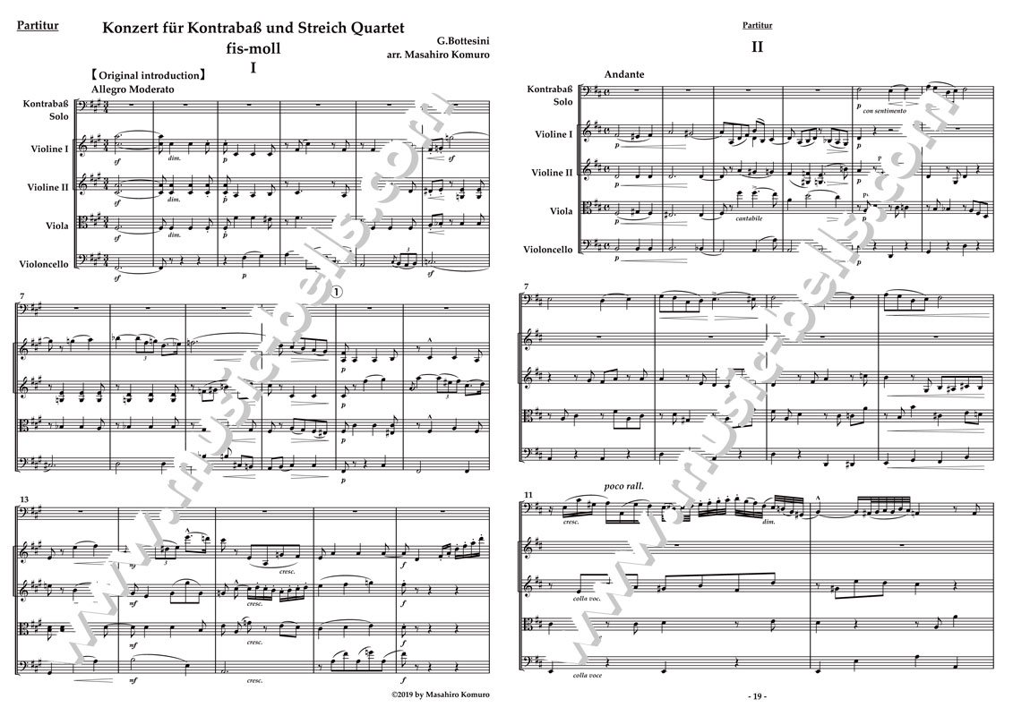 G.ボッテシーニ　コントラバス協奏曲　第１番 嬰へ短調　コントラバスと弦楽四重奏（小室昌広編） - 楽譜出版社 《ミュージック・ベルズ》 Music  Bells Publishing