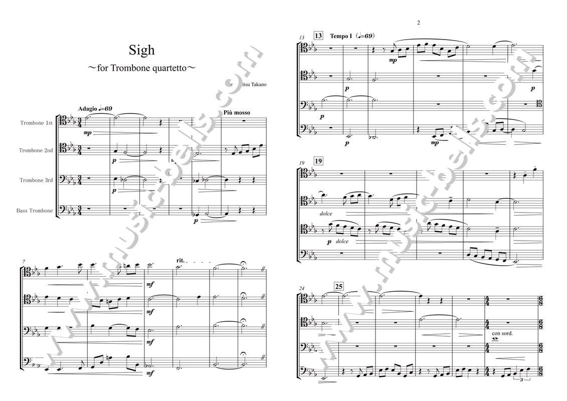 鷹野喜充 Sigh For Trombone Quartetto トロンボーン四重奏 楽譜出版社 ミュージック ベルズ Music Bells Publishing