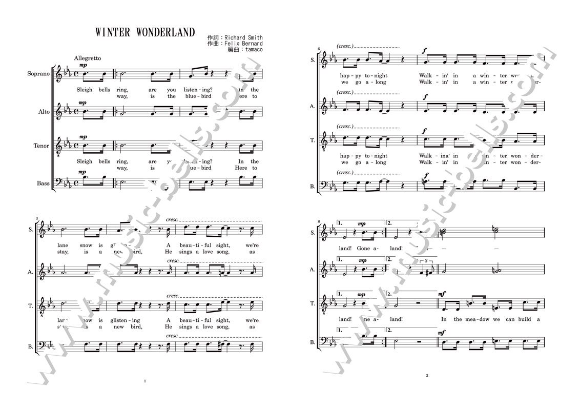 ウィンターワンダーランド（Winter Wonderland） 無伴奏混声四部合唱：アカペラ（tamaco編） - 楽譜出版社  《ミュージック・ベルズ》 Music Bells Publishing