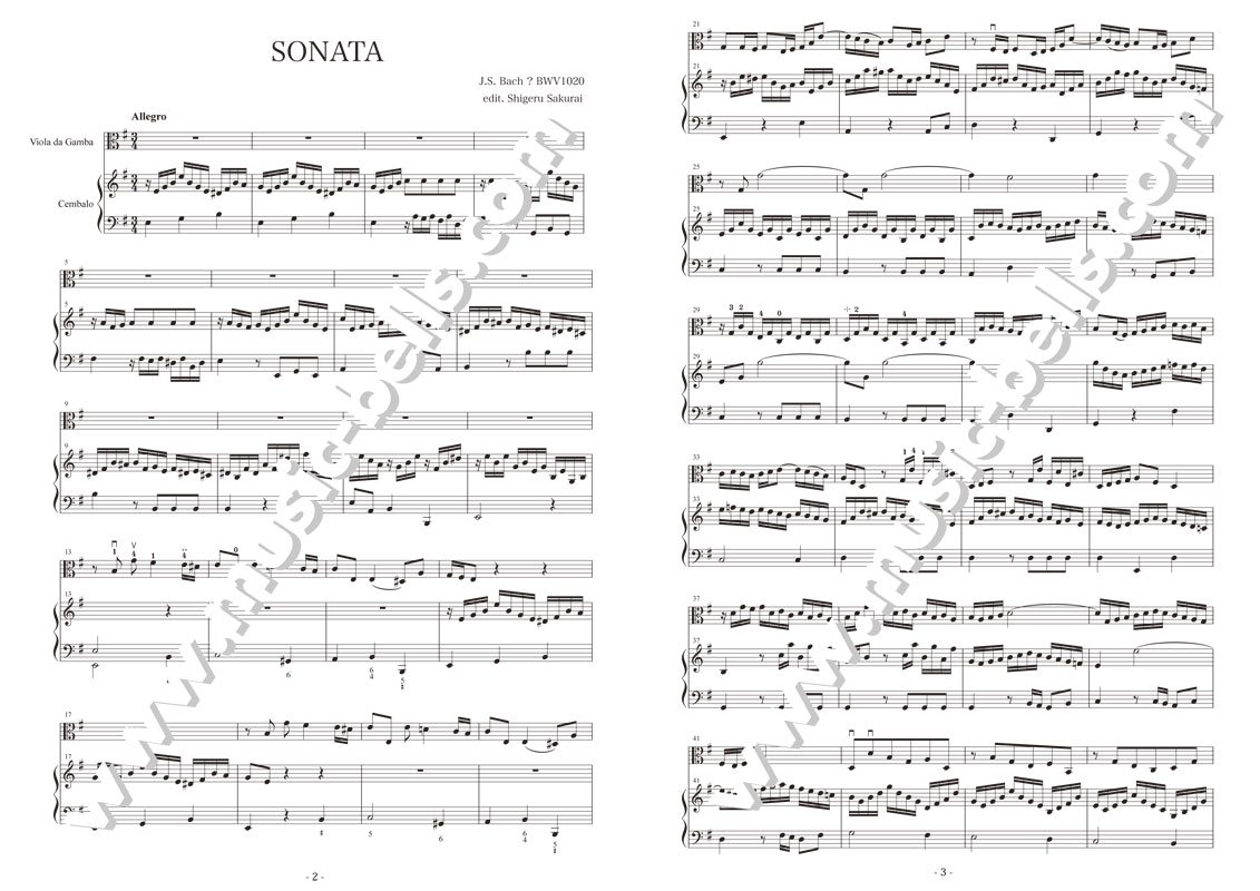 伝J.S.バッハ　フルートソナタ　ト短調 　BWV1020　ヴィオラ・ダ・ガンバとチェンバロ（櫻井 茂編） - 楽譜出版社 《ミュージック・ベルズ》  Music Bells Publishing