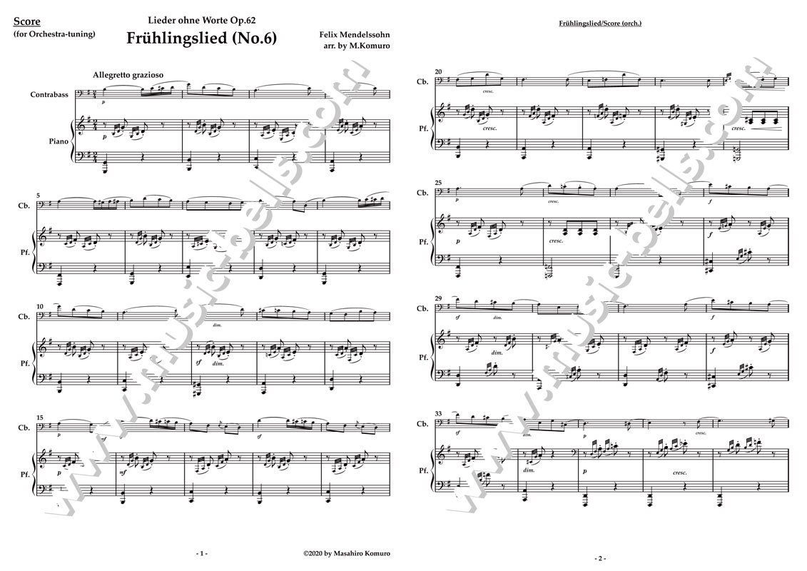 Music　Bells　コントラバスとピアノ（小室昌広編）　メンデルスゾーン　《ミュージック・ベルズ》　楽譜出版社　「春の歌」～《無言歌集》第５巻より　op.62-6　Publishing