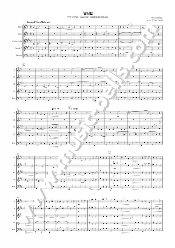 グリエール　バレエ音楽《青銅の騎士》より「ワルツ（Waltz）」　 木管五重奏（黒木千波留編） - 楽譜出版社 《ミュージック・ベルズ》 Music  Bells Publishing