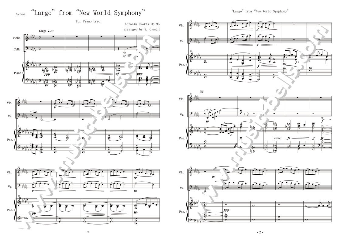 ドヴォルザーク　交響曲第9番「新世界より」第２楽章 Largo　ピアノ三重奏：ヴァイオリン、チェロ、ピアノ（大谷木 靖編） - 楽譜出版社  《ミュージック・ベルズ》 Music Bells Publishing