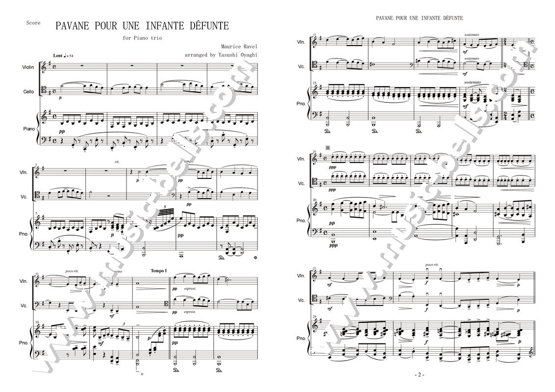 ラヴェル 「亡き王女のためのパヴァーヌ」 ピアノ三重奏：ヴァイオリン、チェロ、ピアノ（大谷木 靖編） 楽譜出版社 《ミュージック・ベルズ》  Music Bells Publishing