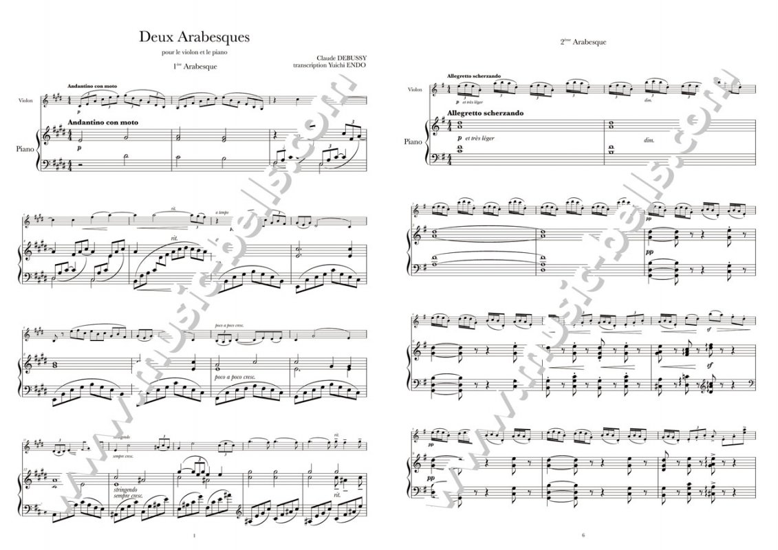 ドビュッシー　2つのアラベスク（Deux Arabesques）　ヴァイオリンとピアノ（遠藤雄一編） - 楽譜出版社 《ミュージック・ベルズ》  Music Bells Publishing