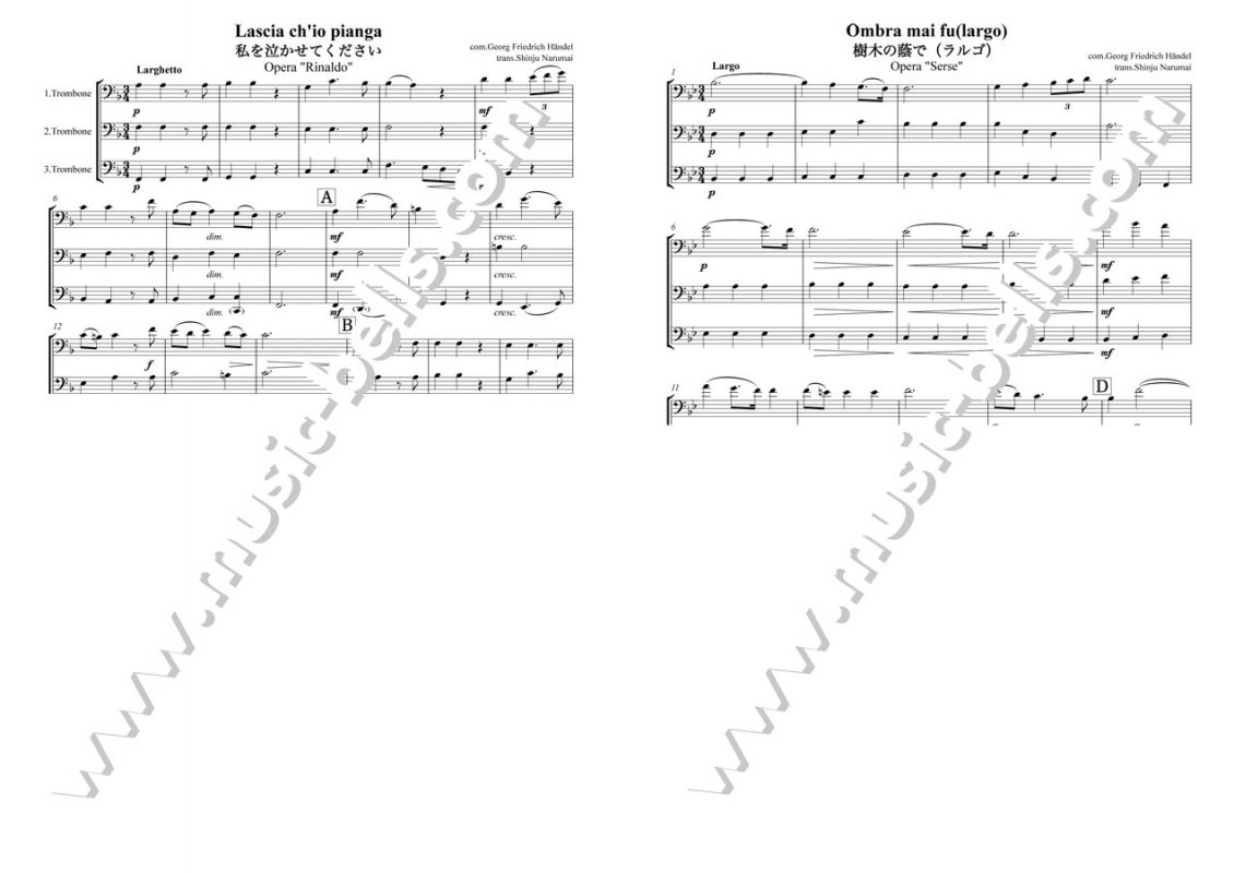 ヘンデル　「私を泣かせてください」「オンブラ・マイ・フ」　トロンボーン三重奏（成舞新樹編） - 楽譜出版社 《ミュージック・ベルズ》 Music  Bells Publishing