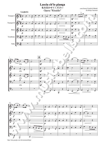 G.F.ヘンデル　「私を泣かせてください」～歌劇《リナルド》より　金管五重奏（成舞新樹編） - 楽譜出版社 《ミュージック・ベルズ》 Music  Bells Publishing