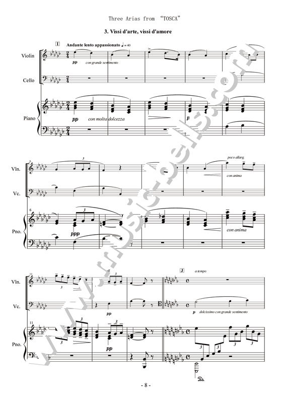 プッチーニ　歌劇《トスカ》より３つのアリア　 ピアノ三重奏：ヴァイオリン、チェロ、ピアノ（大谷木 靖編） - 楽譜出版社 《ミュージック・ベルズ》  Music Bells Publishing