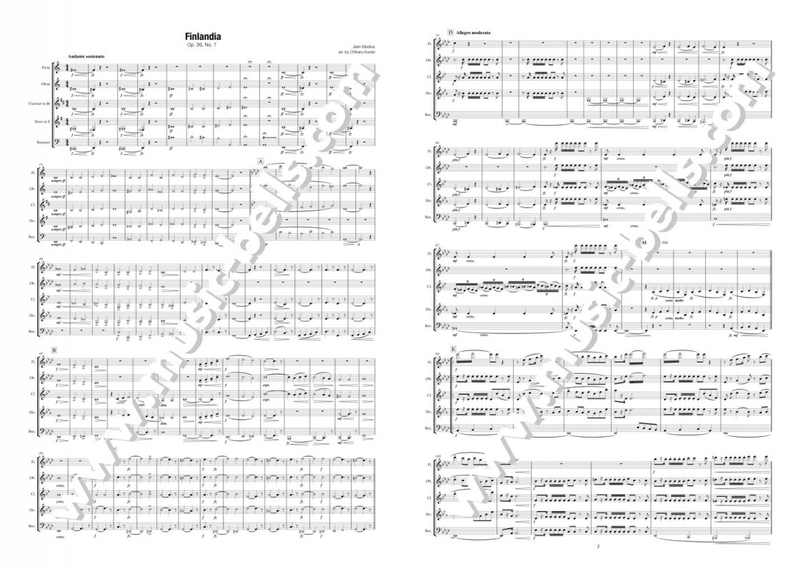 シベリウス　「フィンランディア」　 木管五重奏（黒木千波留編） - 楽譜出版社 《ミュージック・ベルズ》 Music Bells Publishing