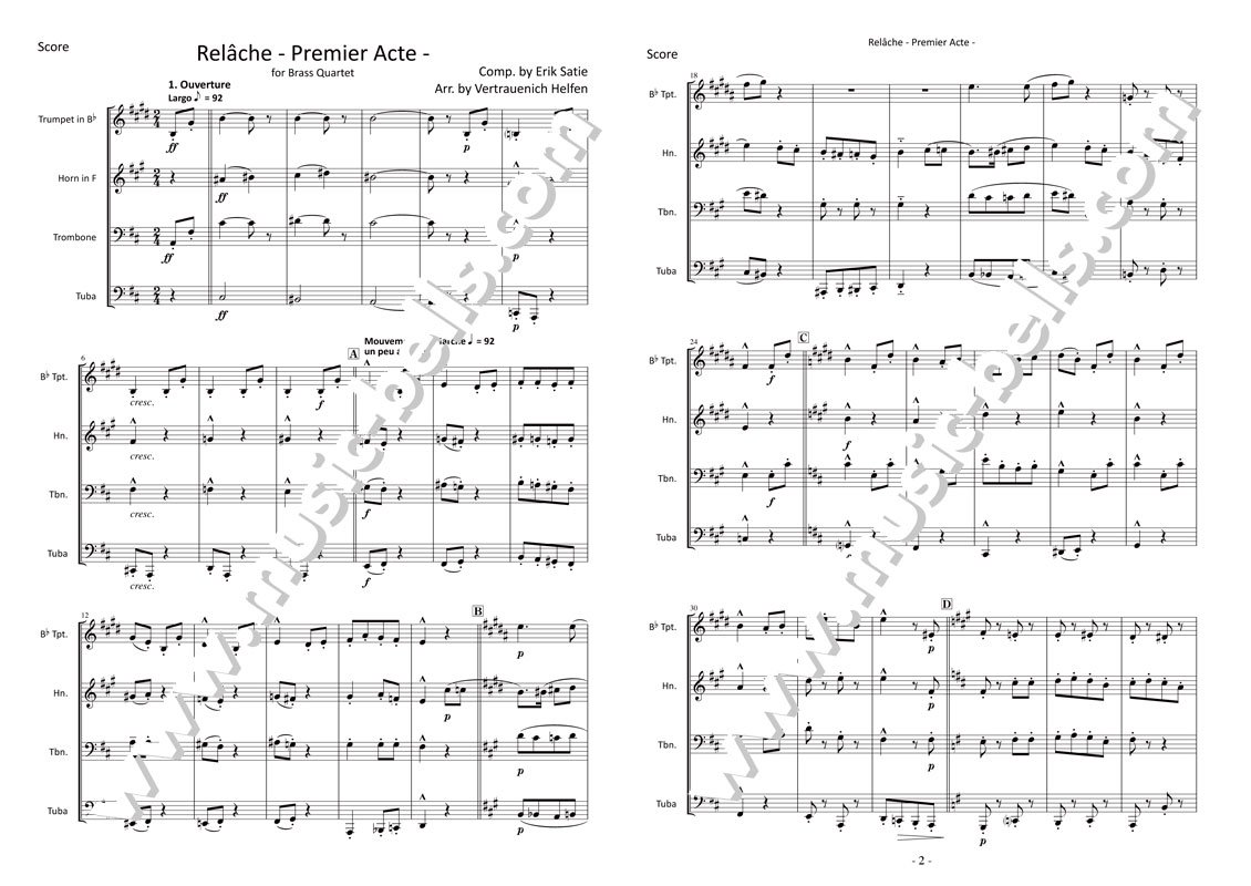 サティ　バレエ音楽《本日休演》より第一幕の音楽　金管四重奏（Vertrauenich Helfen編） - 楽譜出版社 《ミュージック・ベルズ》  Music Bells Publishing