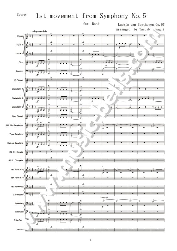 ベートーヴェン　交響曲第５番「運命」より第１楽章　吹奏楽版（大谷木 靖編） - 楽譜出版社 《ミュージック・ベルズ》 Music Bells  Publishing
