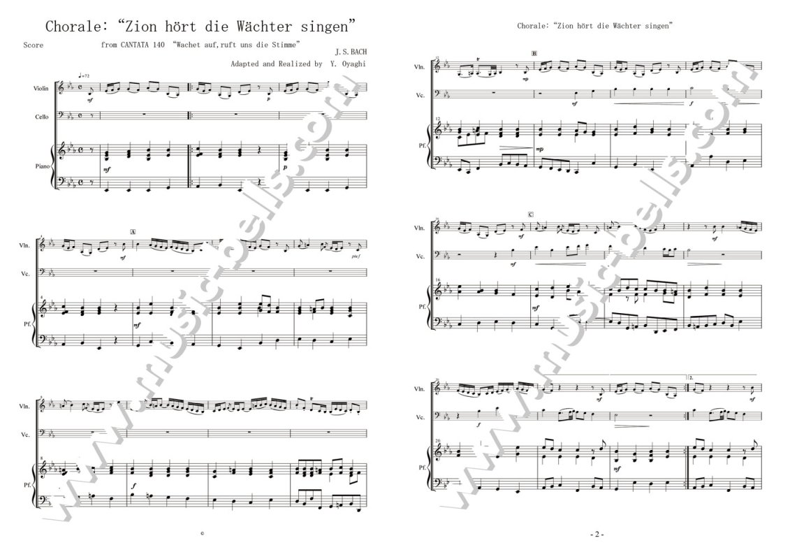 J.S.バッハ 「目覚めよと呼ぶ声が聞こえ」 BWV140 ピアノ三重奏：ヴァイオリン、チェロ、ピアノ（大谷木 靖編） - 楽譜出版社  《ミュージック・ベルズ》 Music Bells Publishing