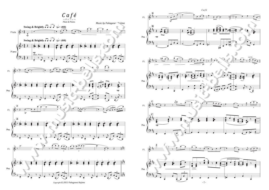深川 甫 Cafe キャフェ 独奏フルートとピアノ スイングジャズ風 楽譜出版社 ミュージック ベルズ Music Bells Publishing 深川 甫 Cafe キャフェ 独奏フルートとピアノ スイングジャズ風 楽譜出版社 ミュージック ベルズ Music Bells Publishing