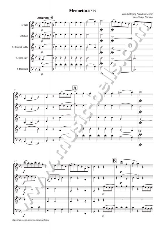 モーツァルト　「メヌエット」～弦楽四重奏曲第21番　第３楽章より　木管五重奏｜混合五重奏（成舞新樹編） - 楽譜出版社 《ミュージック・ベルズ》  Music Bells Publishing