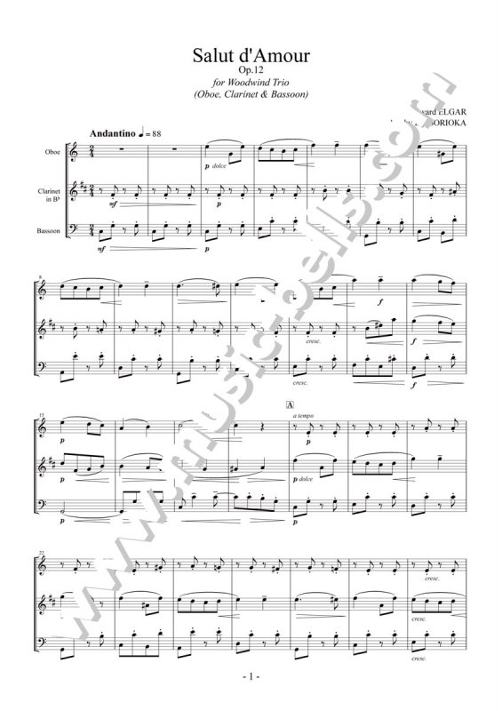 エルガー　愛の挨拶　木管三重奏：Oboe, Clarinet, Bassoon（反岡英志編） - 楽譜出版社 《ミュージック・ベルズ》 Music  Bells Publishing