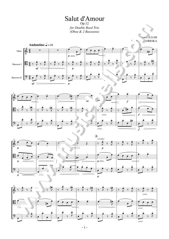 エルガー　愛の挨拶　木管ダブルリード三重奏：Oboe, 2 Bassoon（反岡英志編） - 楽譜出版社 《ミュージック・ベルズ》 Music  Bells Publishing