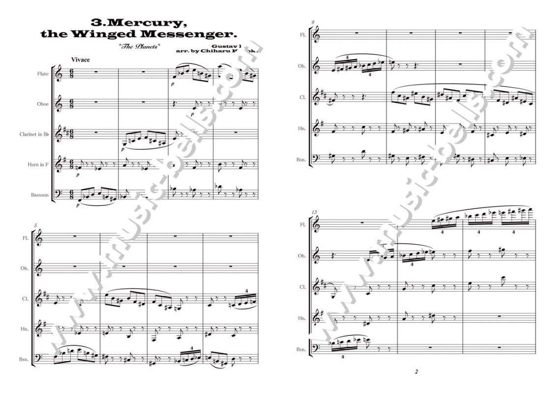 ホルスト　組曲《惑星》より「水星（Mercury）、翼のある使者」　 木管五重奏（黒木千波留編） - 楽譜出版社 《ミュージック・ベルズ》 Music  Bells Publishing
