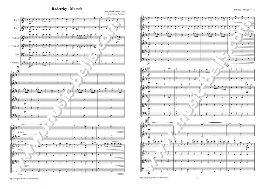 J.シュトラウス１世　「ラデツキー行進曲」　２本の管楽器と弦楽四重奏（成舞新樹編） - 楽譜出版社 《ミュージック・ベルズ》 Music Bells  Publishing