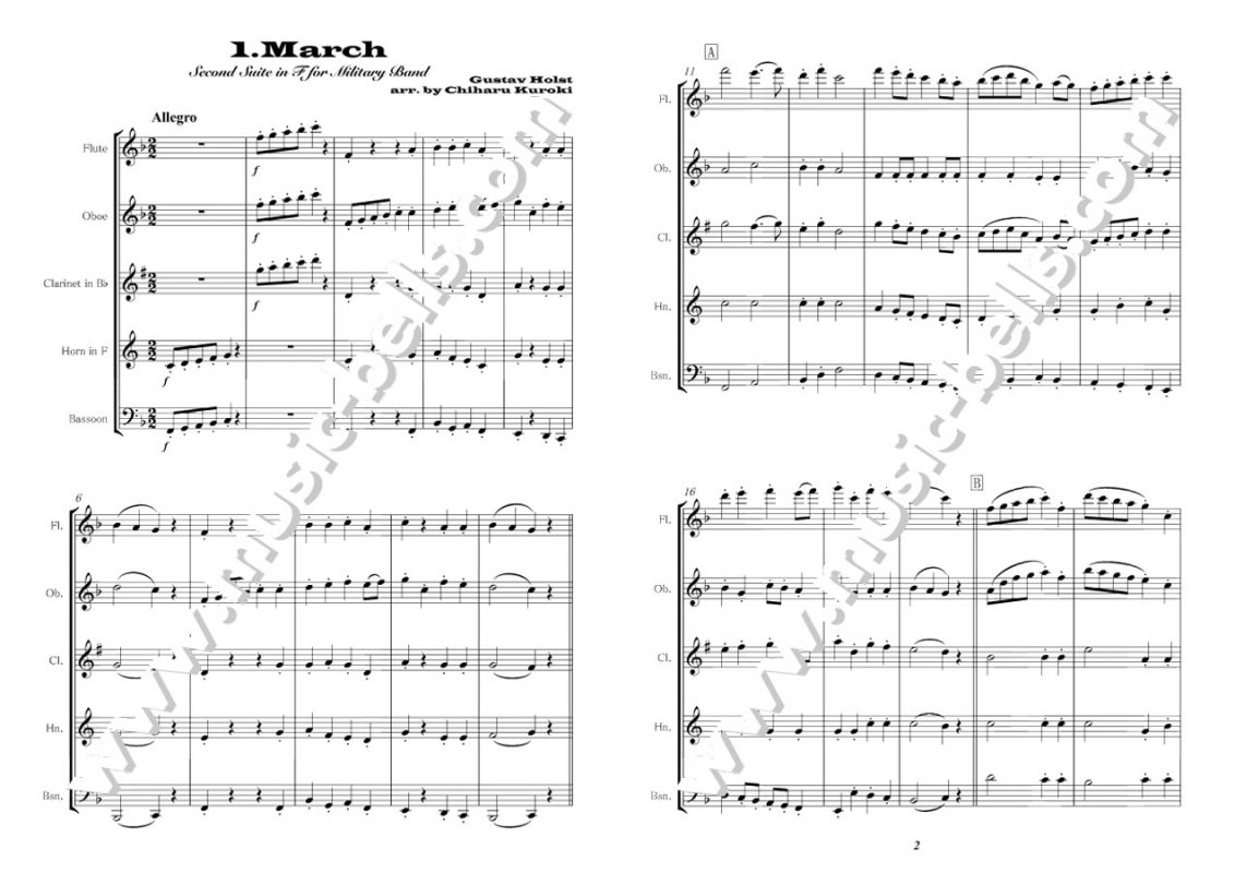 ホルスト　吹奏楽のための第２組曲より I「マーチ」　 木管五重奏（黒木千波留編） - 楽譜出版社 《ミュージック・ベルズ》 Music Bells  Publishing