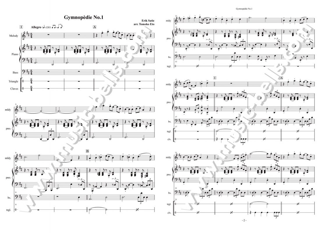 サティ　ジムノペディ第１番（スイングアレンジ）　任意の旋律楽器とベースのピアノ三重奏（江頭智子編） - 楽譜出版社 《ミュージック・ベルズ》  Music Bells Publishing