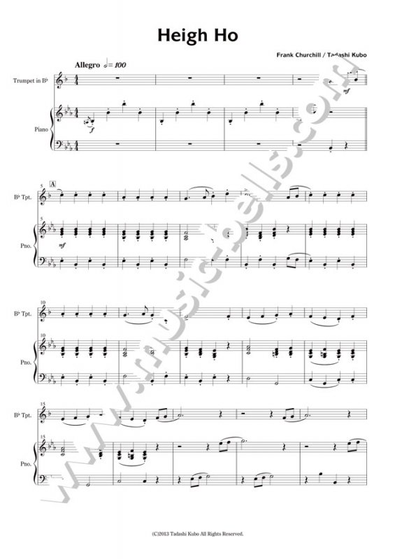 ディズニー　「ハイ・ホー」～《白雪姫》より　トランペット独奏とピアノ（久保 忠編） - 楽譜出版社 《ミュージック・ベルズ》 Music Bells  Publishing