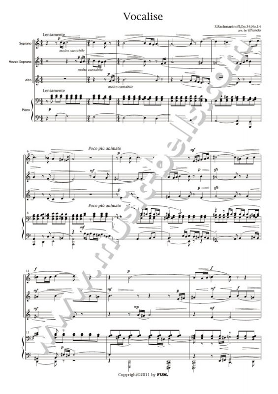 ラフマニノフ　「ヴォカリーズ」　 女声三部合唱とピアノ（麓 洋介編） - 楽譜出版社 《ミュージック・ベルズ》 Music Bells  Publishing