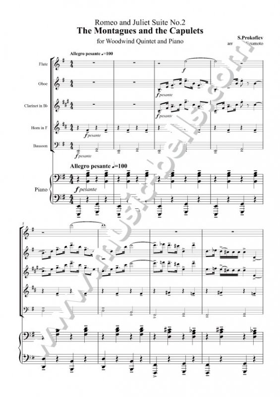 プロコフィエフ　「モンタギュー家とキャピュレット家」　　木管五重奏とピアノ（水本芳枝編） - 楽譜出版社 《ミュージック・ベルズ》 Music  Bells Publishing