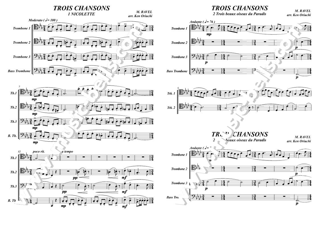 ラヴェル　「３つのシャンソン」　トロンボーン四重奏（織内 剣編） - 楽譜出版社 《ミュージック・ベルズ》 Music Bells Publishing