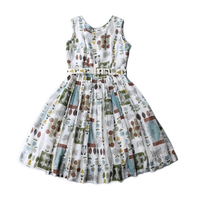 50-60s Sleeveless Printed Dress About L/XL