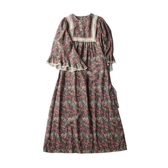 70s FLORAL PRINTED TIERED SLEEVE MAX DRESS 