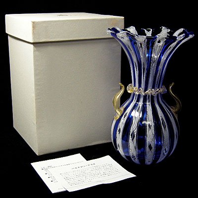 ムラノガラスMURANO GLASS/広口ルリ色ベース(花瓶)箱付き - ブランド