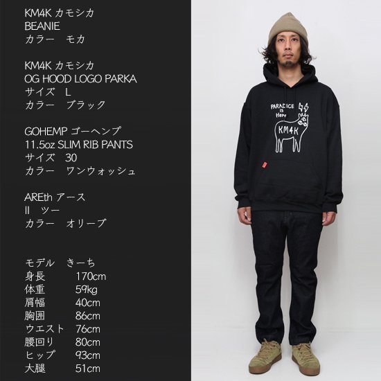 【KM4K カモシカ】OG HOOD LOGO PARKA (ブラック)(ロゴ パーカー)