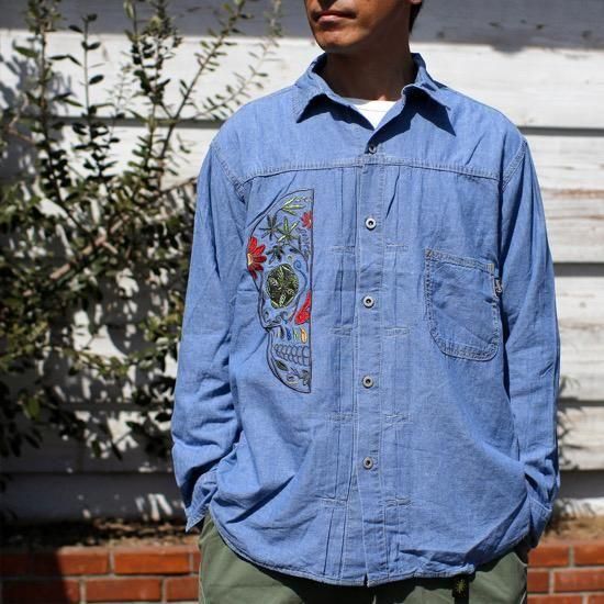 がぶストアページ GOHEMP ゴーヘンプ｜CHAMBRAY PLEATS WORK SHIRTS(ブルー)(刺繍