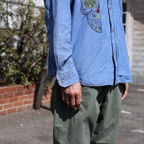 GOHEMP ゴーヘンプ｜CHAMBRAY PLEATS WORK SHIRTS(ブルー)(刺繍ヘンプ
